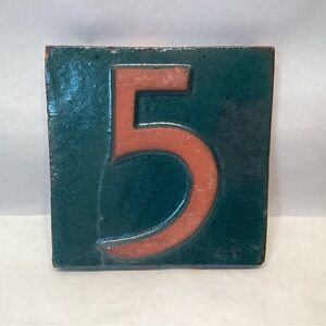 1980’s Mercer Tile Works 5 Tile Green Underglaze 4” X 4” House Number Five (B)